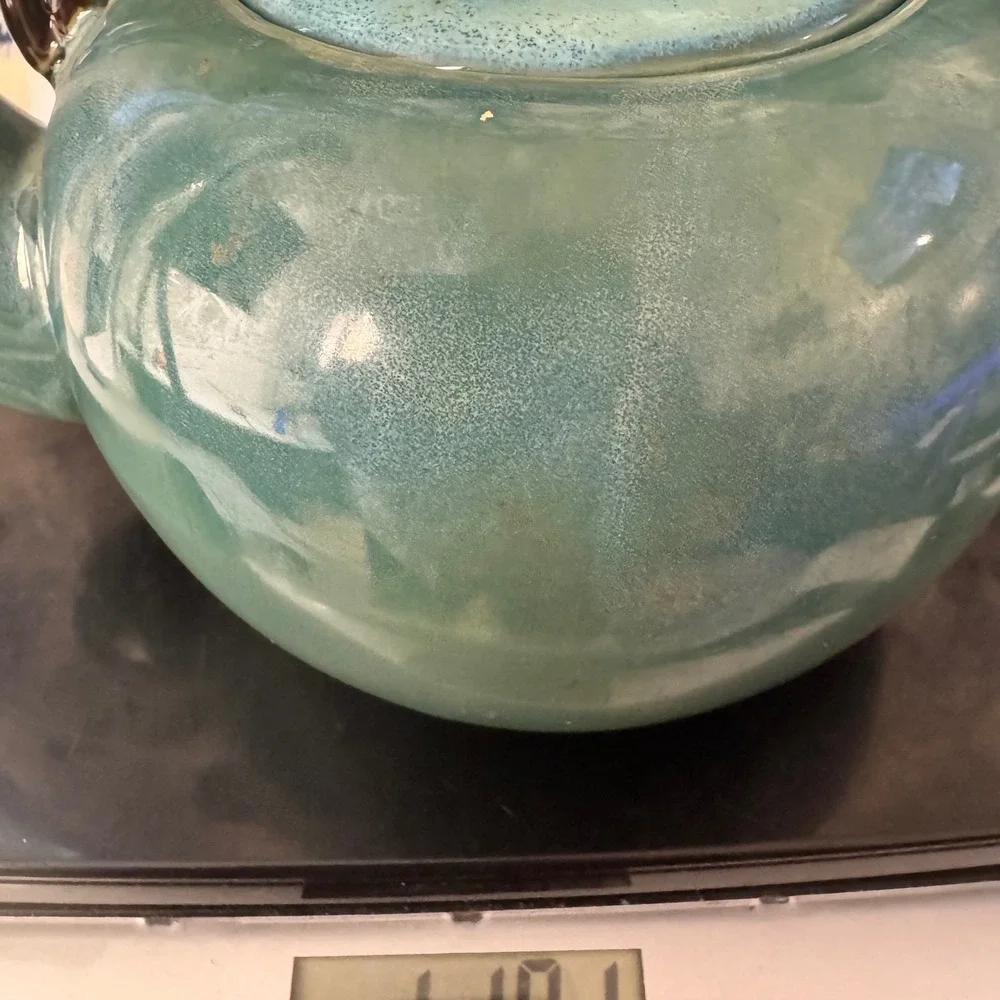 Ceramic Teapot Teal Branch Handle Mid Century Modern Rustic Decor